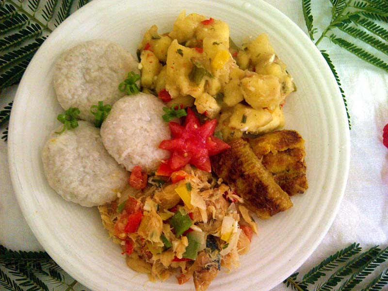 Stewed Saltfish with Spicy Plantains and Breadfruit